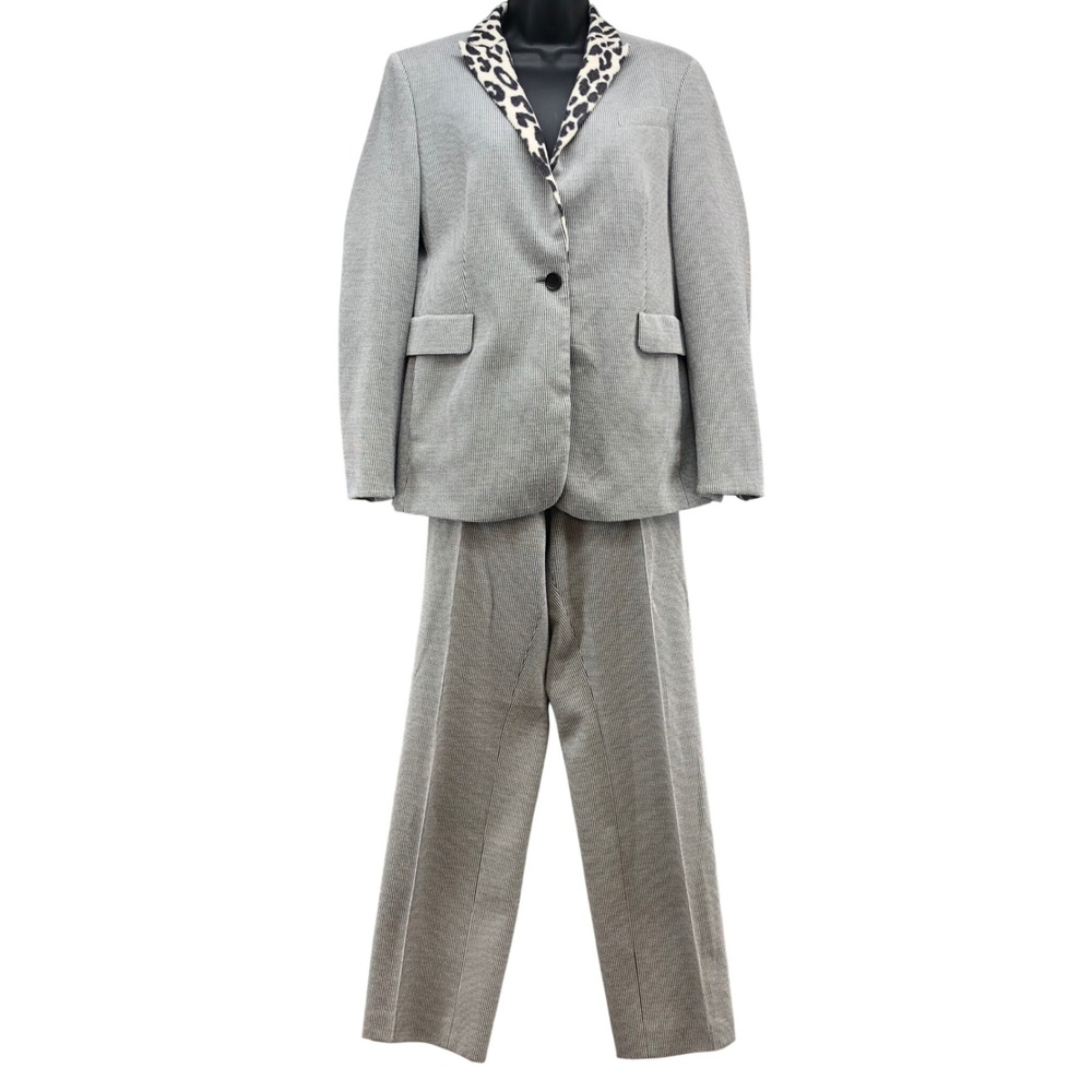 Akris Punto Pant Suit Womens 12 Gray Houndstooth Leopard Collar Blazer Trousers